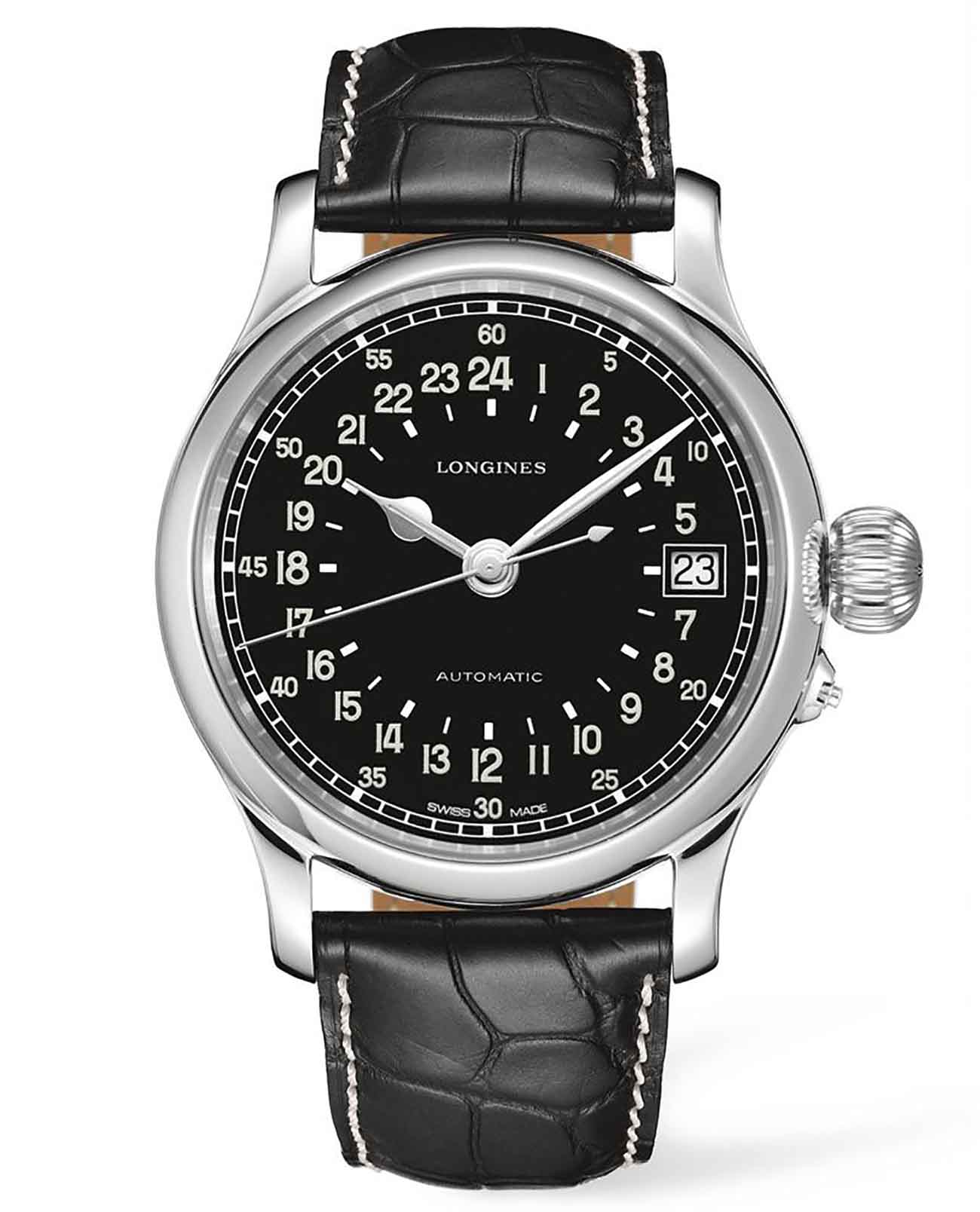 Longines Longines Twenty-Four Hours  L2.751.4.53.4  L27514534 механические мужские часы черный циферблат, браслет кожаный — вид спереди